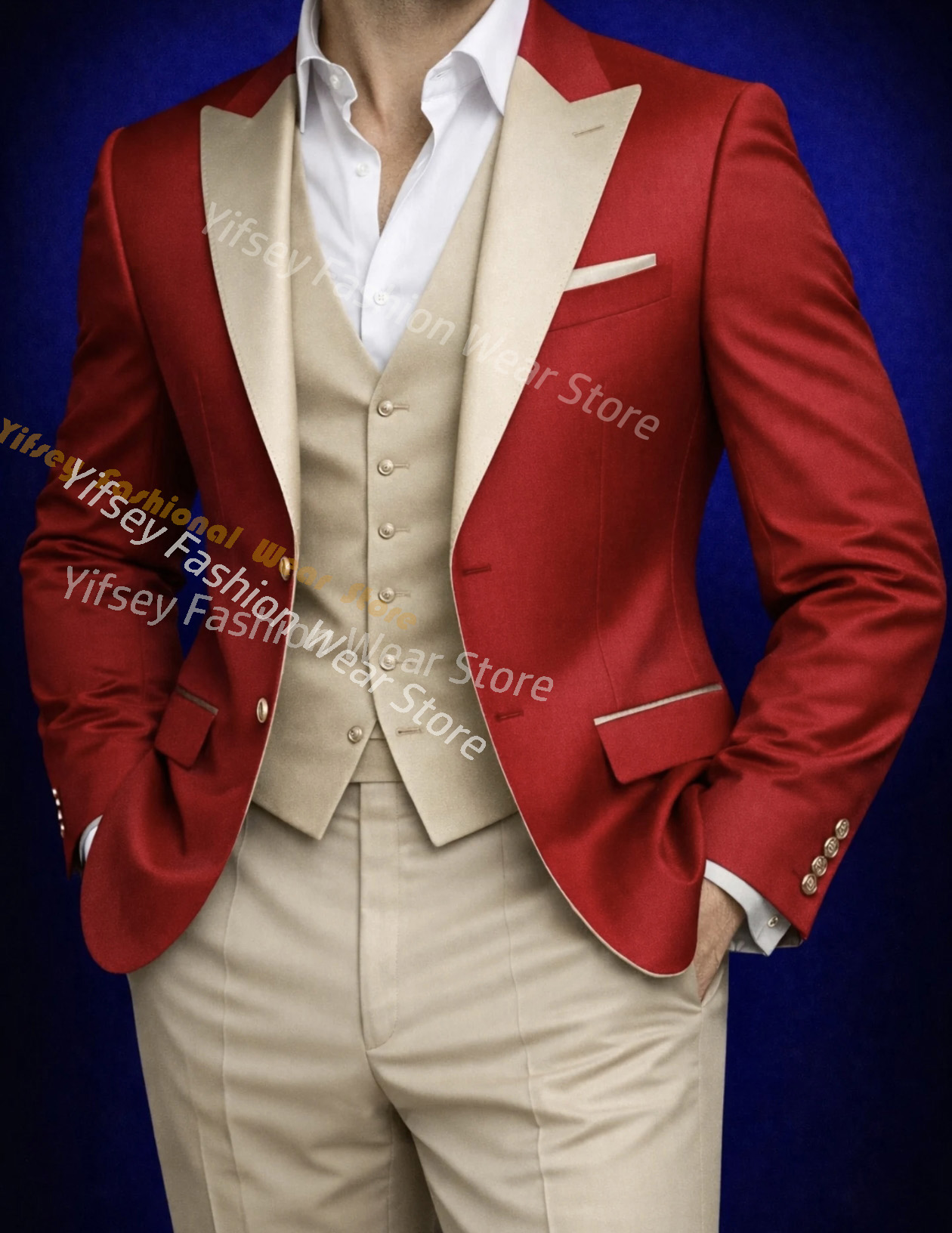 Mens Grooming Brand - Red Full Men Suit Set Wedding